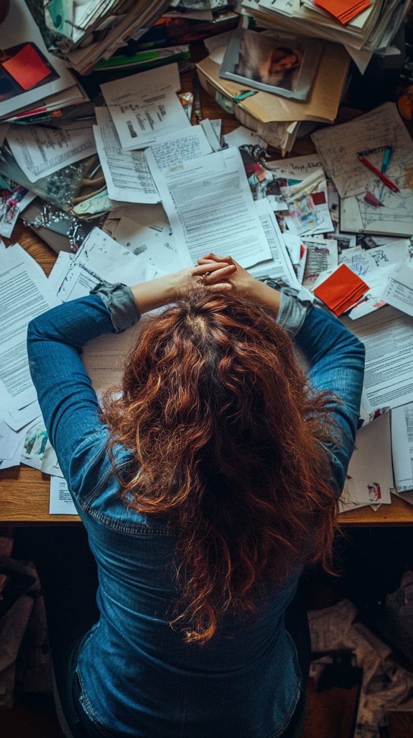 Woman at a messy desk, looking overwhelmed - Before Lebenmaster